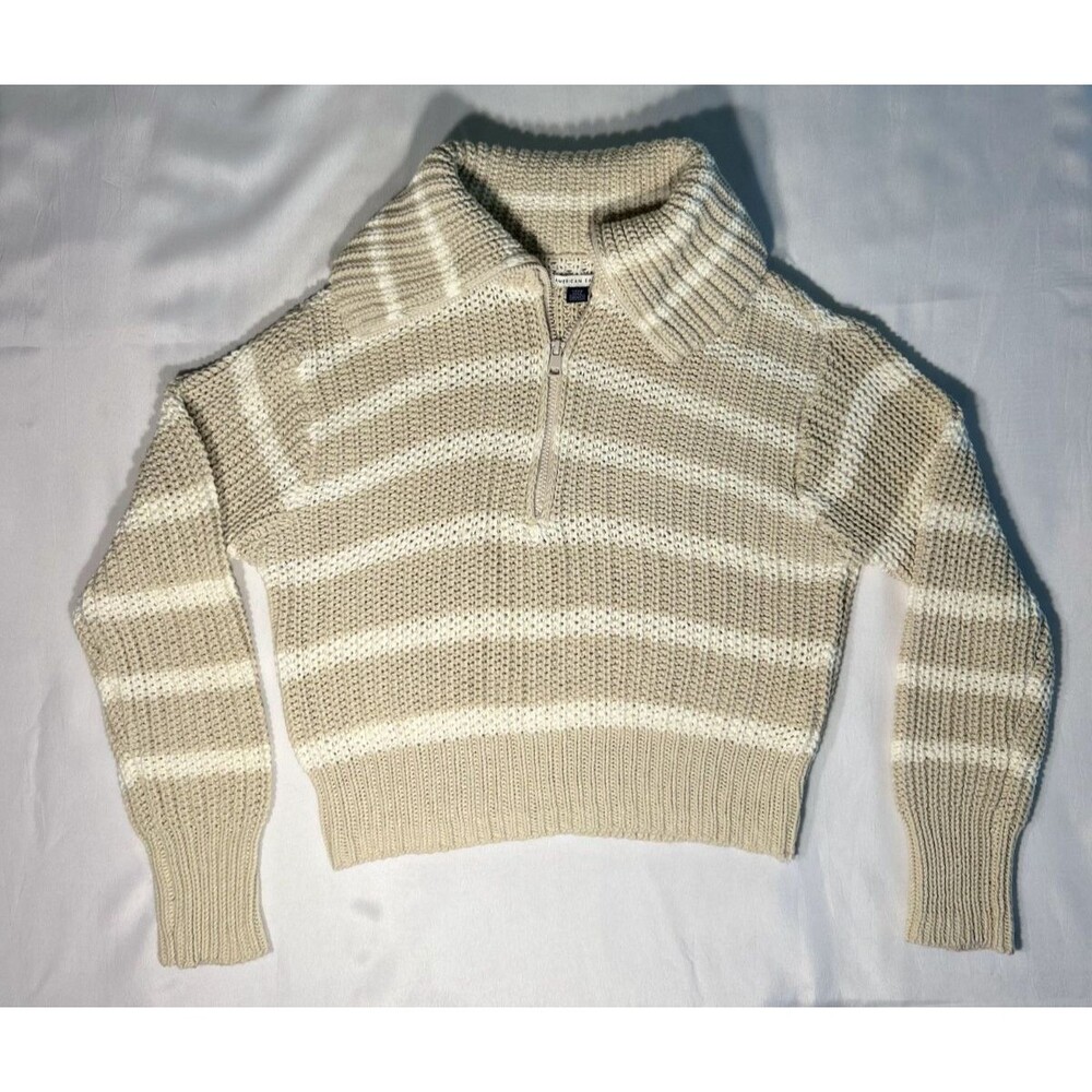 Cream Chunky Knit Half Zip Pullover Cropped Sweater Size Small